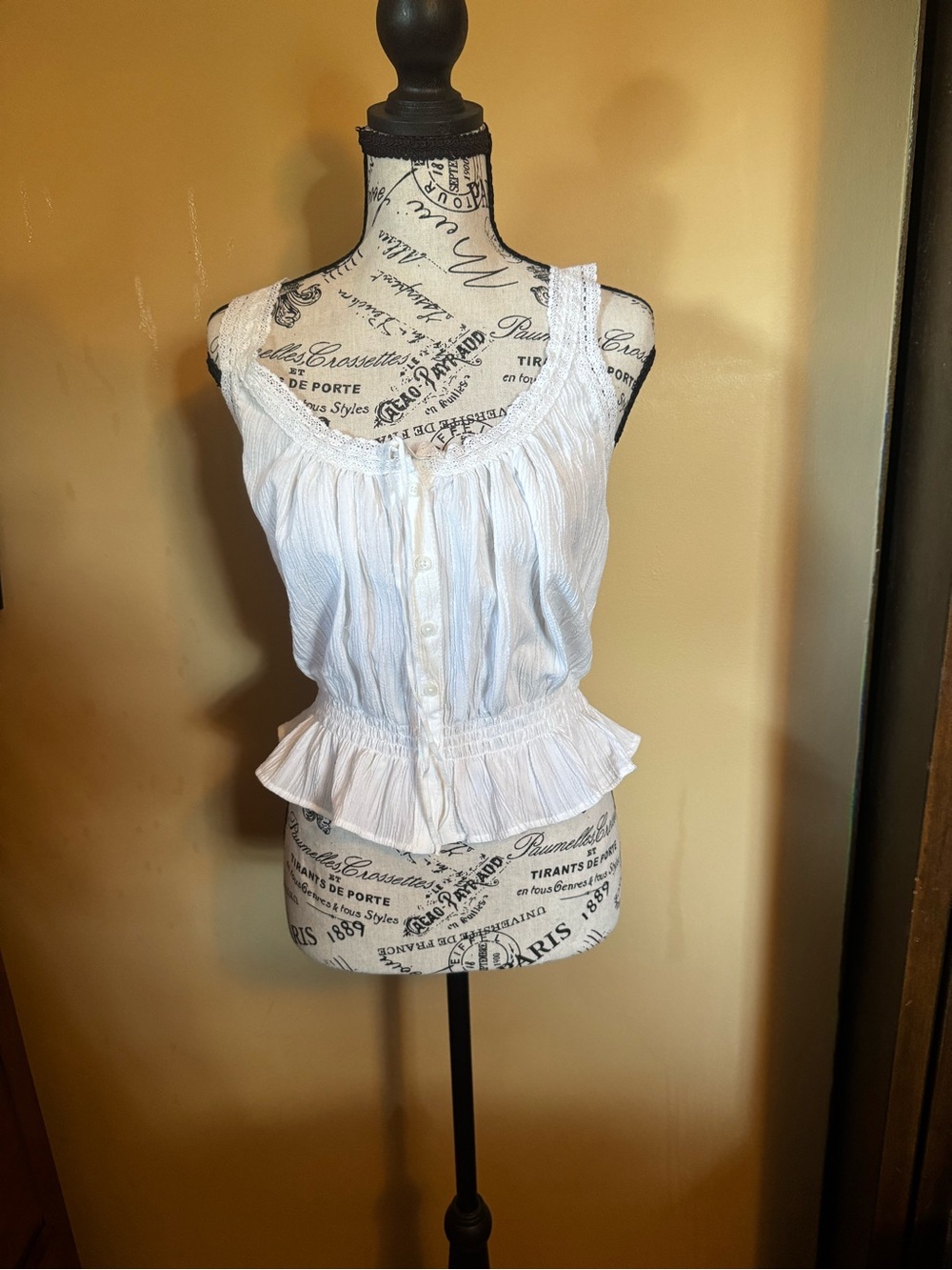 White Lace-Trim Peplum Button-Front Tank Top